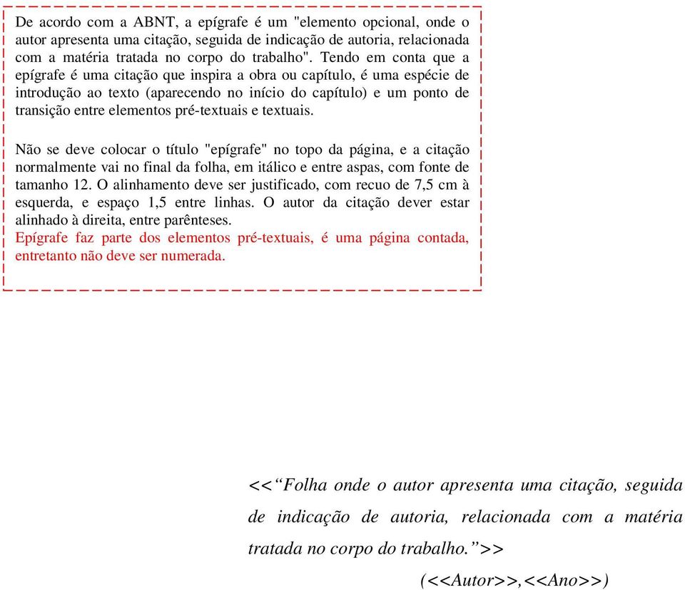 pré-textuais e textuais. Não se deve colocar o título "epígrafe" no topo da página, e a citação normalmente vai no final da folha, em itálico e entre aspas, com fonte de tamanho 12.