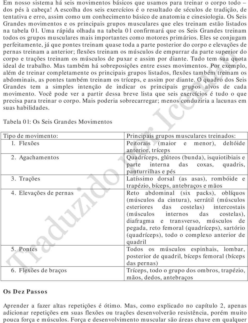 Os Seis Grandes movimentos e os principais grupos musculares que eles treinam estão listados na tabela 01.