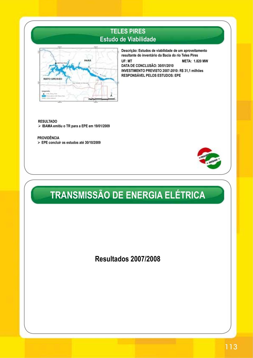 820 MW DATA DE CONCLUSÃO: 30/01/2010 INVESTIMENTO PREVISTO 2007-2010: R$ 31,1 milhões RESPONSÁVEL PELOS