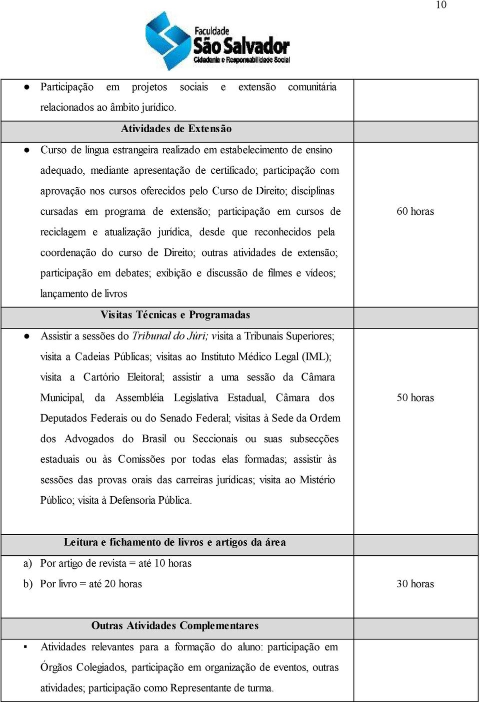 de Direito; disciplinas cursadas em programa de extensão; participação em cursos de reciclagem e atualização jurídica, desde que reconhecidos pela coordenação do curso de Direito; outras atividades