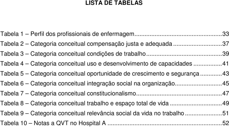 .. 41 Tabela 5 Categoria conceitual oportunidade de crescimento e segurança... 43 Tabela 6 Categoria conceitual integração social na organização.