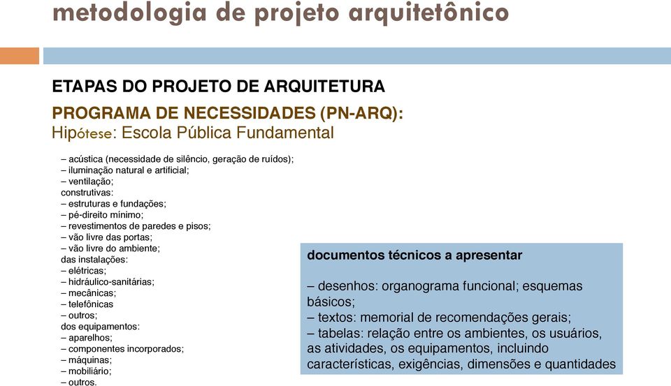 hidráulico-sanitárias; mecânicas; telefônicas outros; dos equipamentos: aparelhos; componentes incorporados; máquinas; mobiliário; outros.