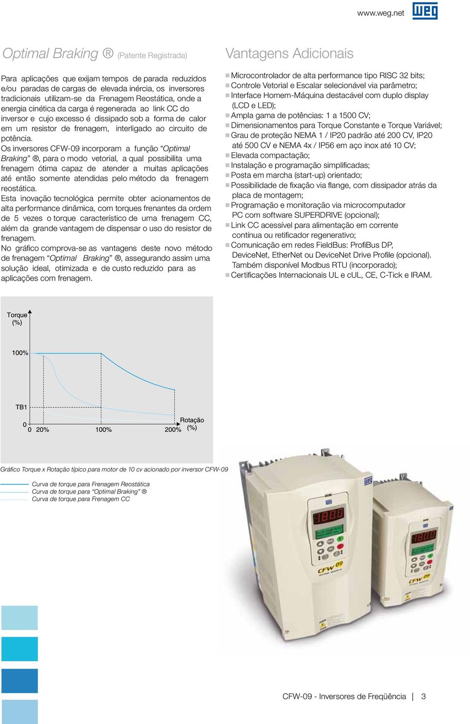 Os inversores CFW-09 incorporam a função Optimal Braking, para o modo vetorial, a qual possibilita uma frenagem ótima capaz de atender a muitas aplicações até então somente atendidas pelo método da