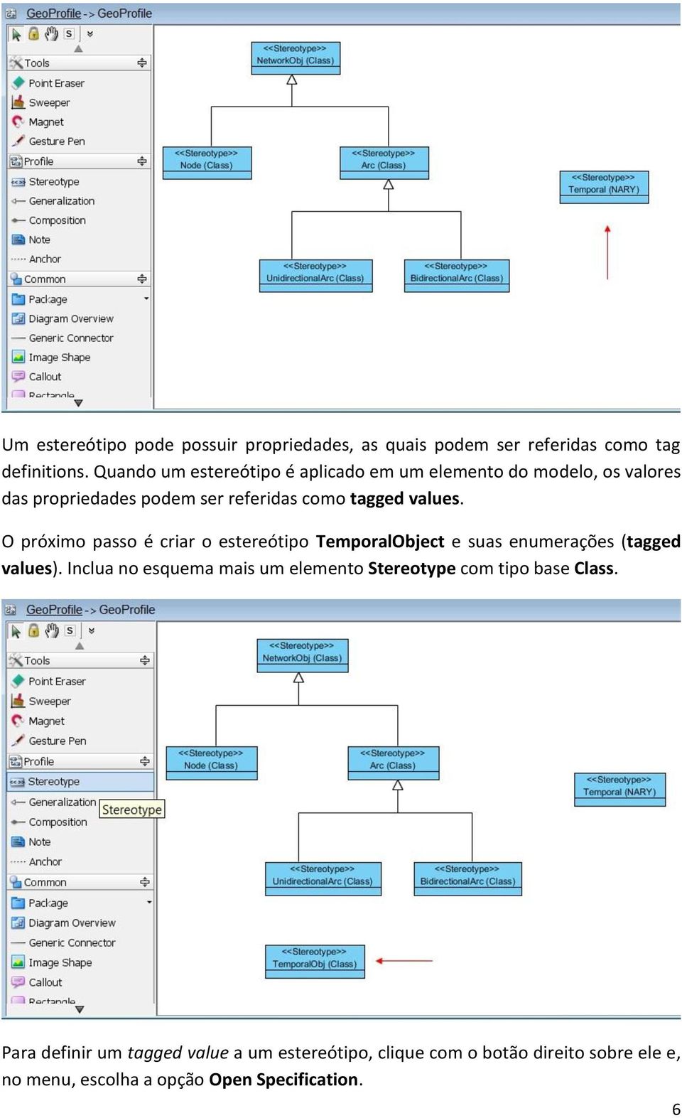 O próximo passo é criar o estereótipo TemporalObject e suas enumerações (tagged values).