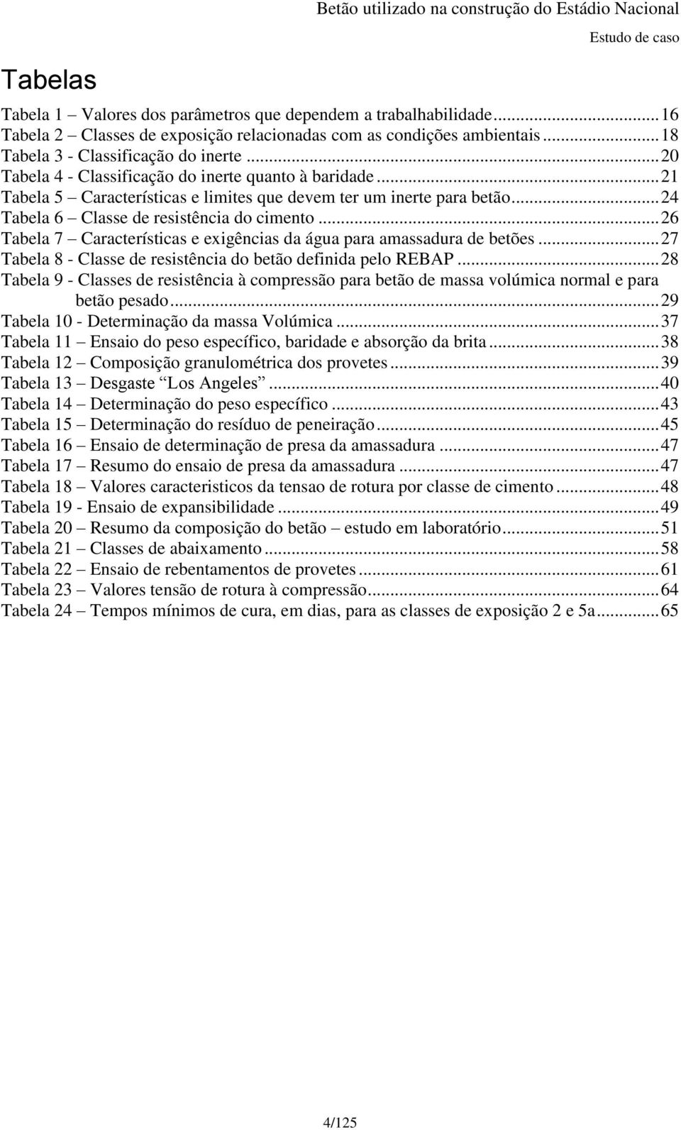 .. 24 Tabela 6 Classe de resistência do cimento... 26 Tabela 7 Características e exigências da água para amassadura de betões... 27 Tabela 8 - Classe de resistência do betão definida pelo REBAP.