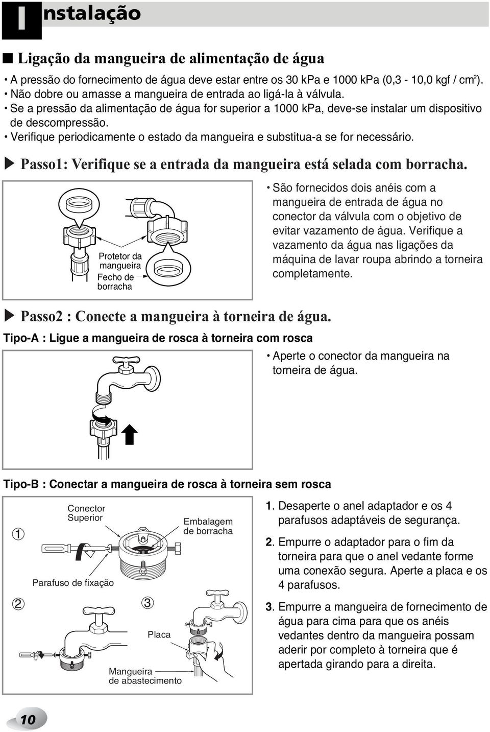 Verifique periodicamente o estado da mangueira e substitua-a se for necessário. Passo1: Verifique se a entrada da mangueira está selada com borracha.