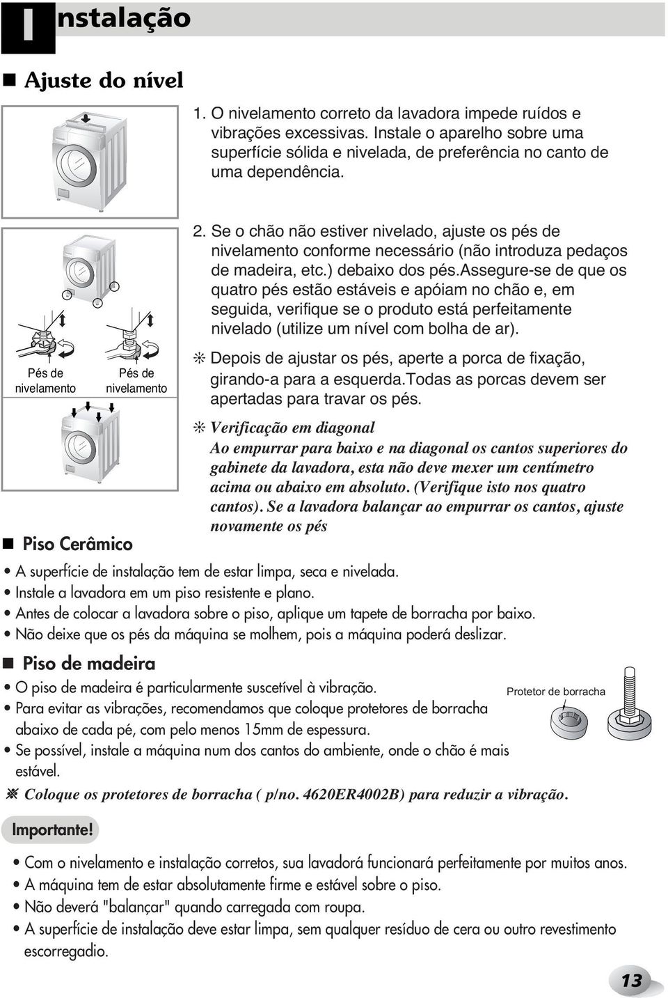 Se o chão não estiver nivelado, ajuste os pés de nivelamento conforme necessário (não introduza pedaços de madeira, etc.) debaixo dos pés.