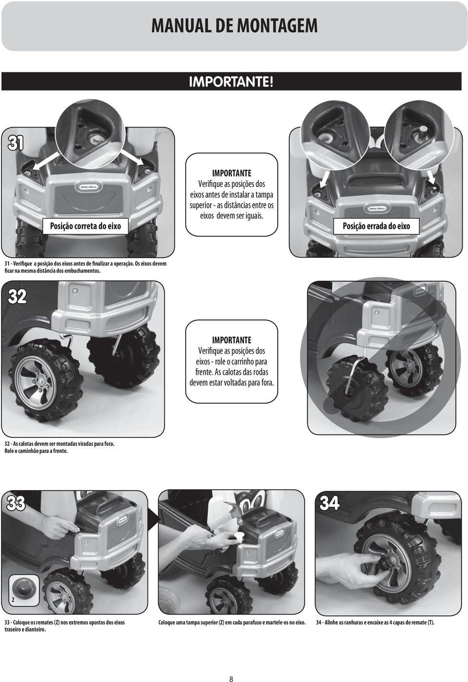 32 IMPORTANTE Verifique as posições dos eixos - role o carrinho para frente. As calotas das rodas devem estar voltadas para fora. 32 - As calotas devem ser montadas viradas para fora.
