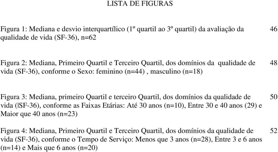 Quartil, dos domínios da qualidade de vida ( SF-36), conforme as Faixas Etárias: Até 30 anos (n=10), Entre 30 e 40 anos (29) e Maior que 40 anos (n=23) Figura 4: Mediana,