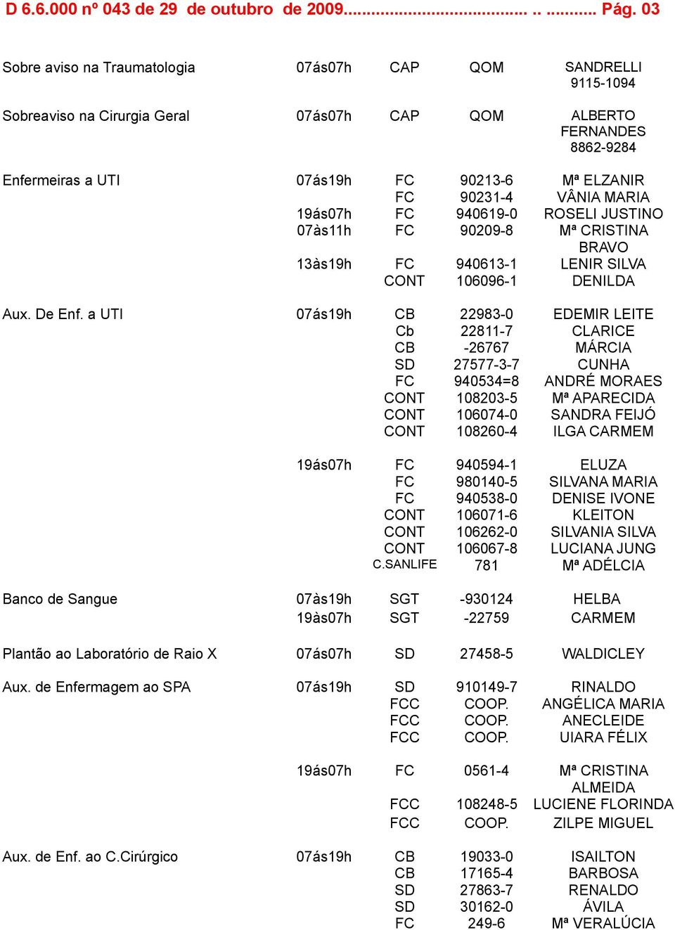 VÂNIA MARIA 19ás07h FC 940619-0 ROSELI JUSTINO 07às11h FC 90209-8 Mª CRISTINA BRAVO 13às19h FC 940613-1 LENIR SILVA CONT 106096-1 DENILDA Aux. De Enf.