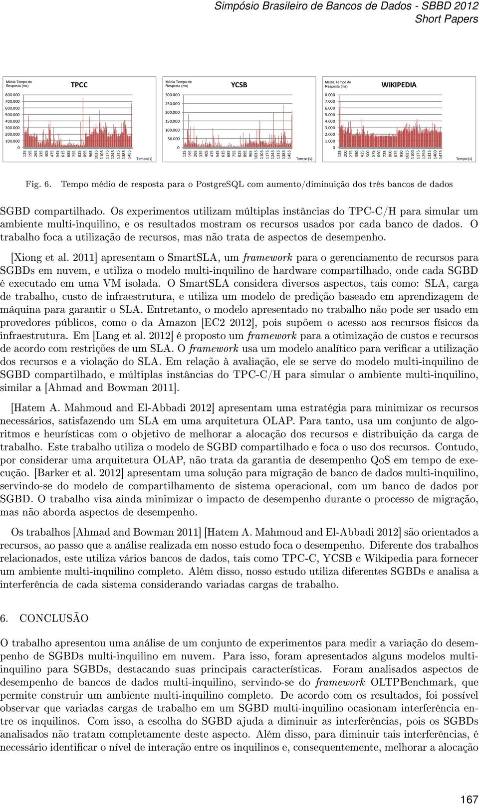 Os experimentos utilizam múltiplas instâncias do TPC-C/H para simular um ambiente multi-inquilino, e os resultados mostram os recursos usados por cada banco de dados.