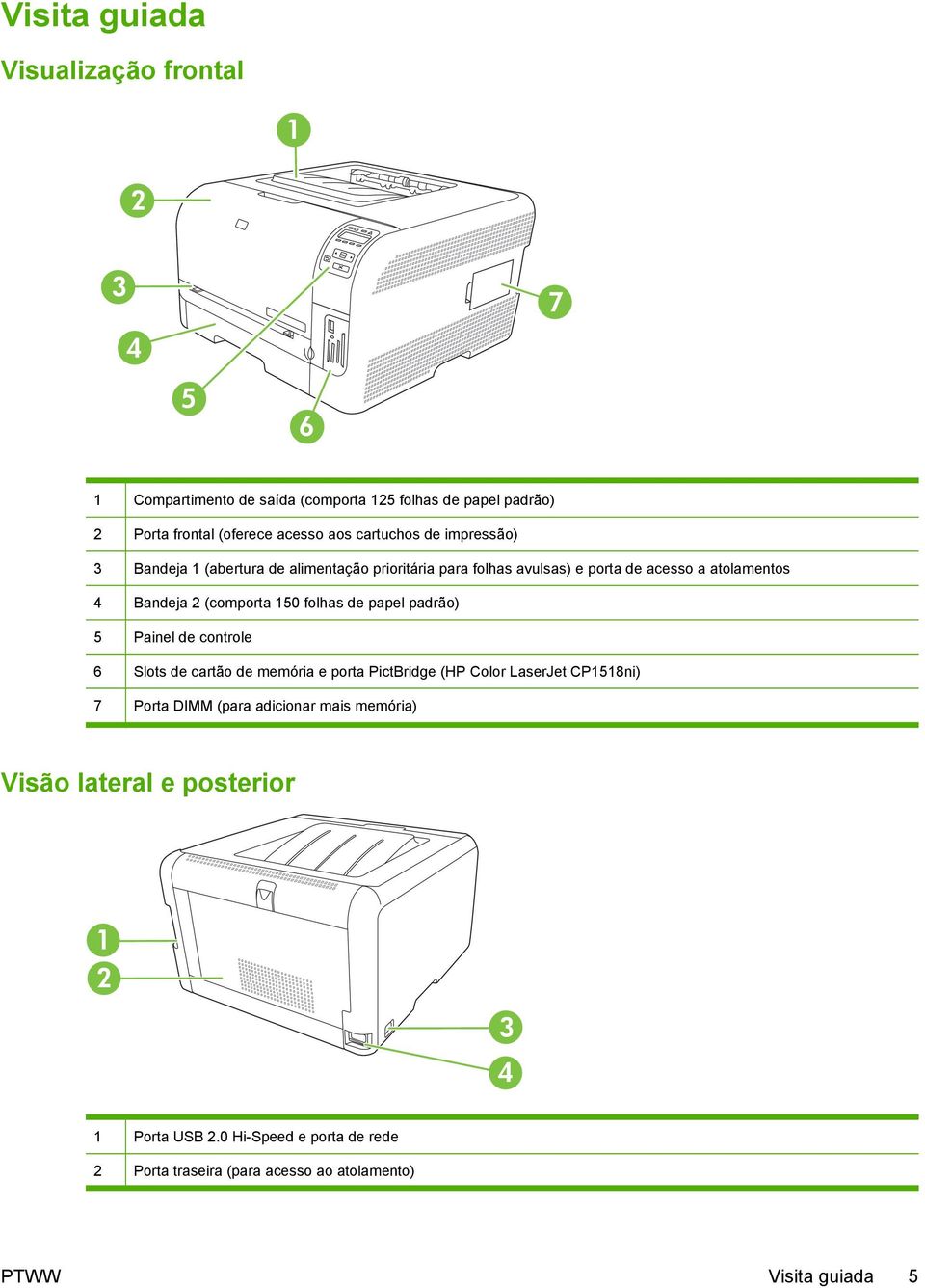 folhas de papel padrão) 5 Painel de controle 6 Slots de cartão de memória e porta PictBridge (HP Color LaserJet CP1518ni) 7 Porta DIMM (para adicionar