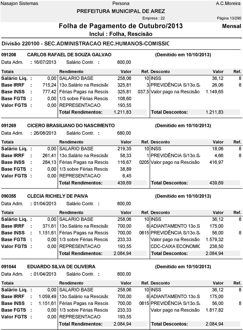 149,65 1/3 sobre Férias Rescisão 108,60 REPRESENTACAO 193,55 Total Rendimentos 1.211,83 Total Descontos 1.211,83 091269 CICERO BRASILIANO DO NASCIMENTO (Demitido em 10/10/2013) Data Adm.