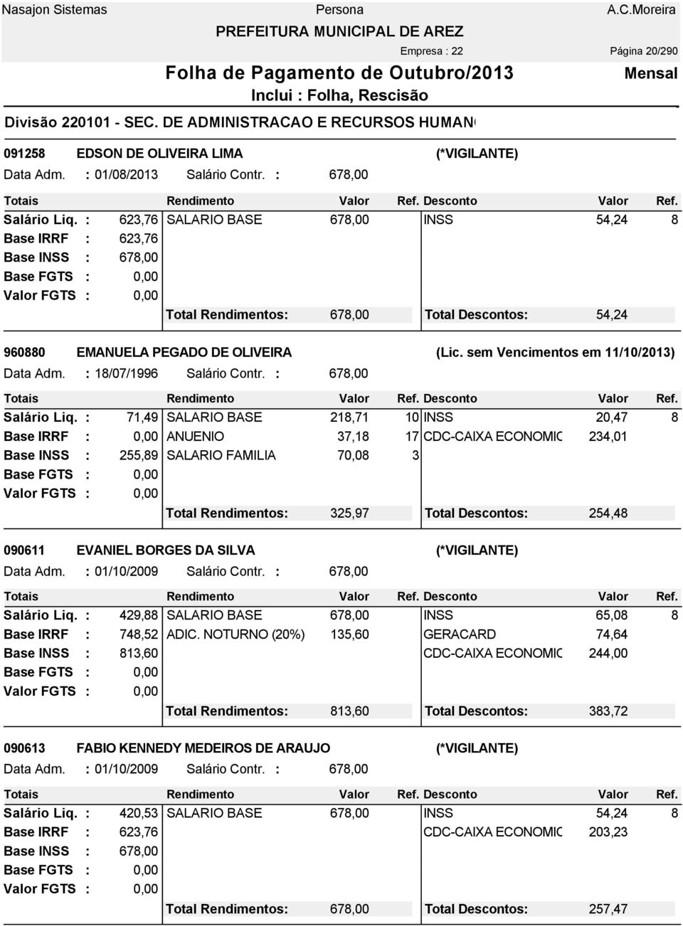 sem Vencimentos em 11/10/2013) Data Adm. 18/07/1996 Salário Contr. 678,00 Salário Liq.