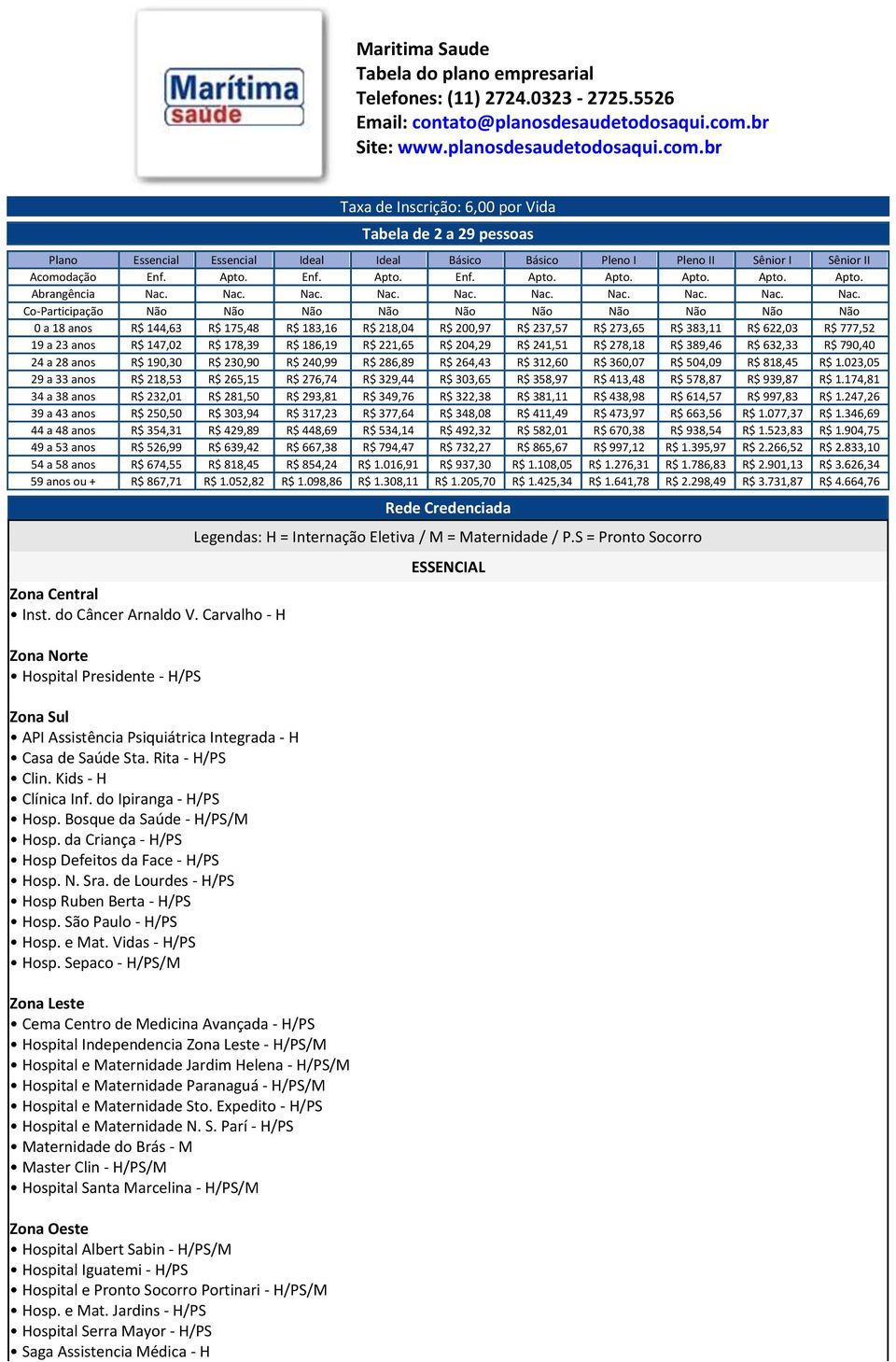 br Taxa de Inscrição: 6,00 por Vida Tabela de 2 a 29 pessoas Plano Essencial Essencial Ideal Ideal Básico Básico Pleno I Pleno II Sênior I Sênior II Acomodação Enf. Apto. Enf. Apto. Enf. Apto. Apto. Apto. Apto. Apto. Abrangência Nac.