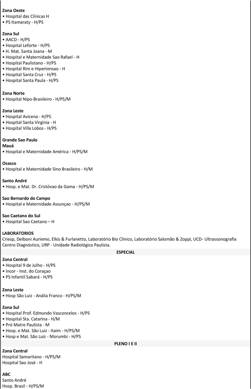 Nipo-Brasileiro - H/PS/M Hospital Avicena - H/PS Hospital Santa Virgínia - H Hospital Villa Lobos - H/PS Grande Sao Paulo Mauá Hospital e Maternidade América - H/PS/M Osasco Hospital e Maternidade