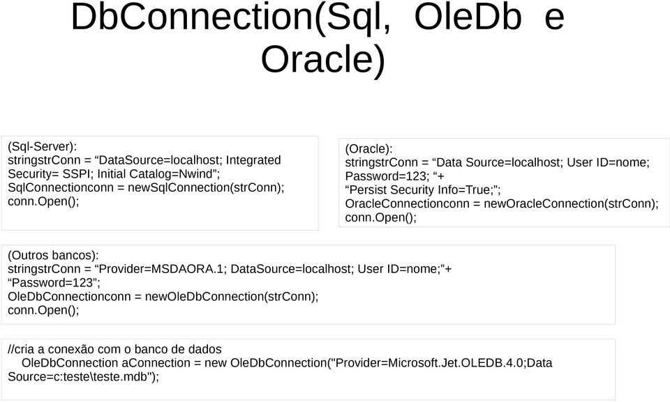 neworacleconnection(strconn); (Outros bancos): stringstrconn = Provider=MSDAORA.