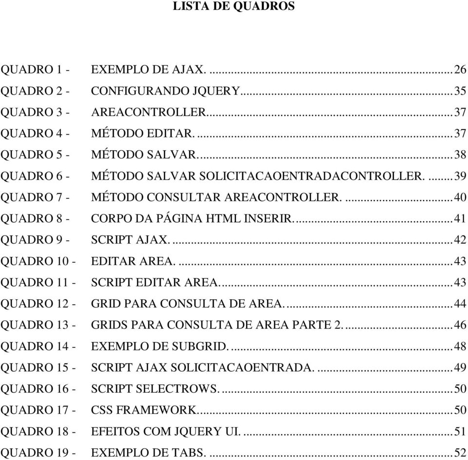 ... 42 QUADRO 10 - EDITAR AREA.... 43 QUADRO 11 - SCRIPT EDITAR AREA.... 43 QUADRO 12 - GRID PARA CONSULTA DE AREA.... 44 QUADRO 13 - GRIDS PARA CONSULTA DE AREA PARTE 2.