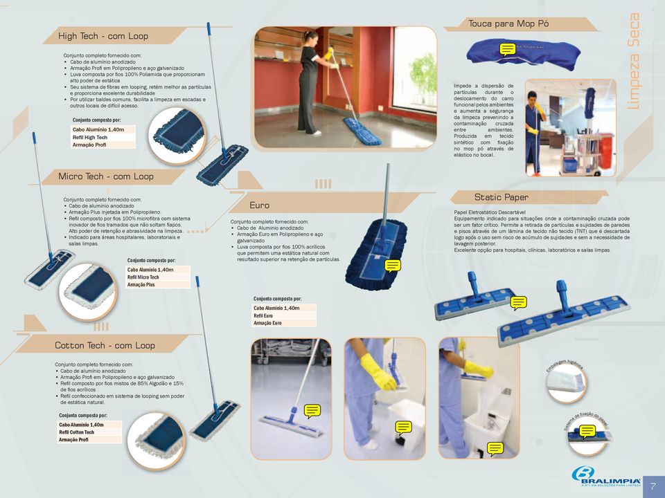 Conjunto composto por: Cabo Alumínio 1,40m Refil High Tech Armação Profi Touca para Mop Pó Impede a dispersão de partículas durante o deslocamento do carro funcional pelos ambientes e aumenta a
