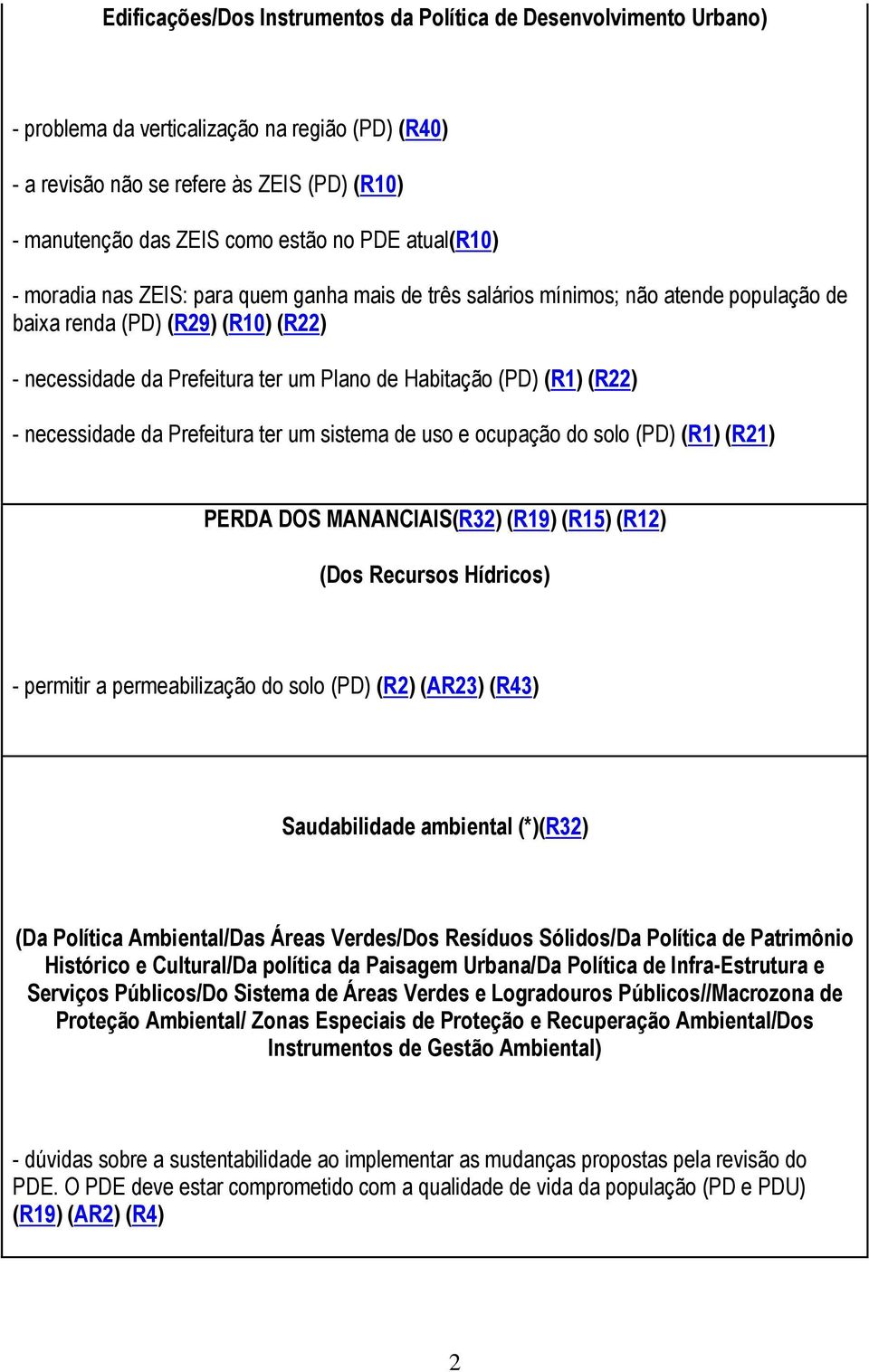 (R1) (R22) - necessidade da Prefeitura ter um sistema de uso e ocupação do solo (PD) (R1) (R21) PERDA DOS MANANCIAIS(R32) (R19) (R15) (R12) (Dos Recursos Hídricos) - permitir a permeabilização do