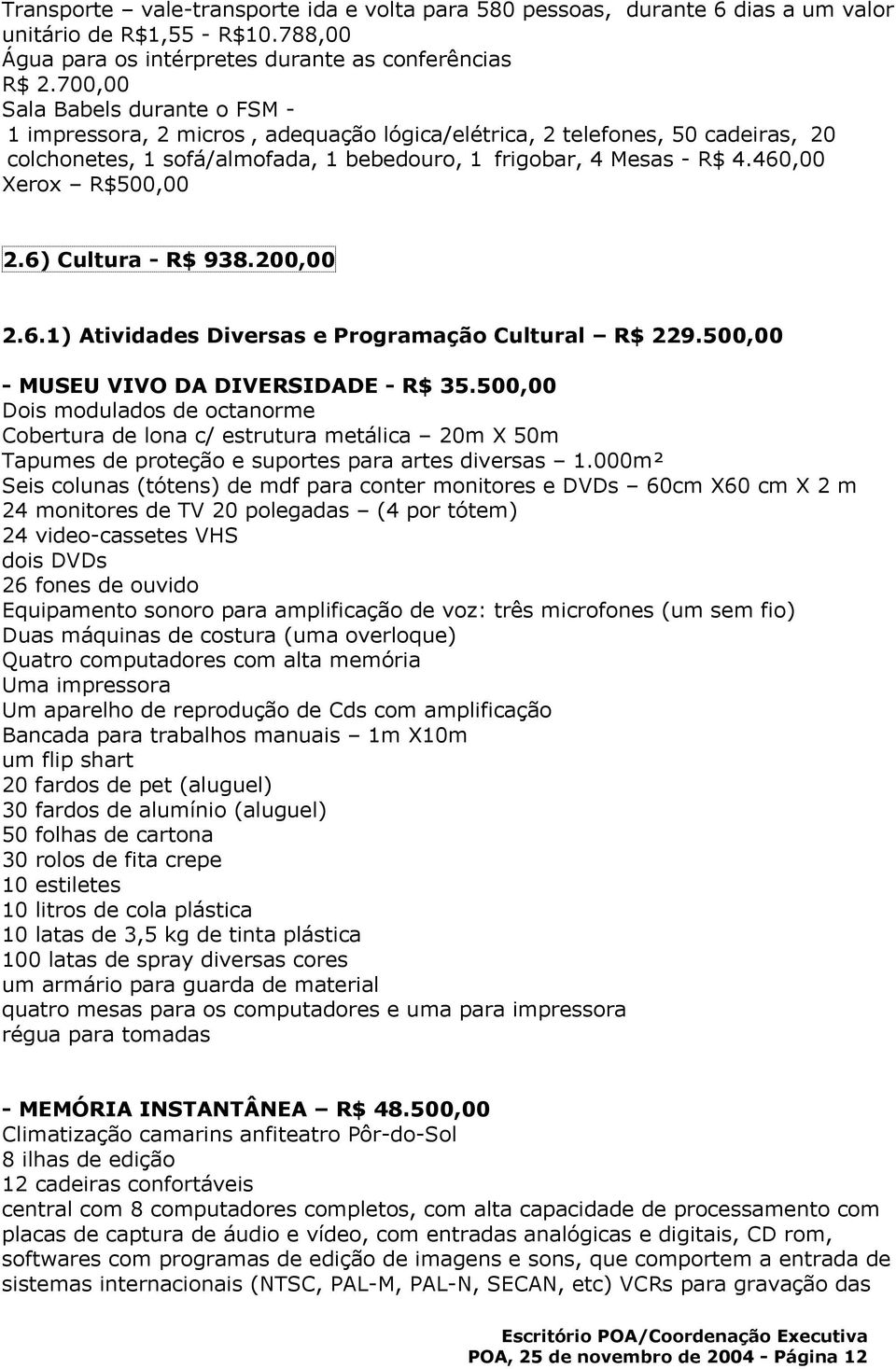 460,00 Xerox R$500,00 2.6) Cultura - R$ 938.200,00 2.6.1) Atividades Diversas e Programação Cultural R$ 229.500,00 - MUSEU VIVO DA DIVERSIDADE - R$ 35.