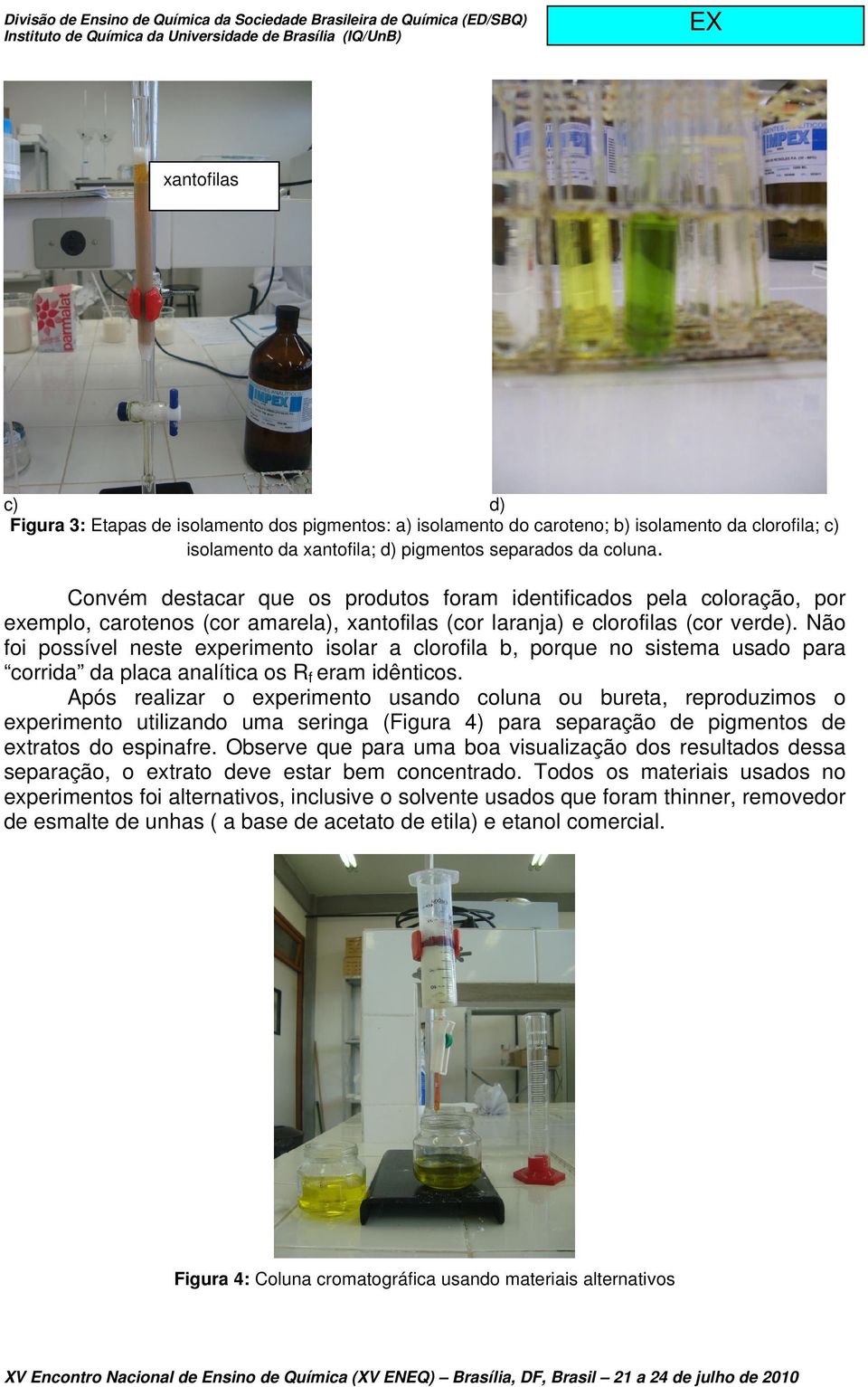 Convém destacar que os produtos foram identificados pela coloração, por exemplo, carotenos (cor amarela), xantofilas (cor laranja) e clorofilas (cor verde).