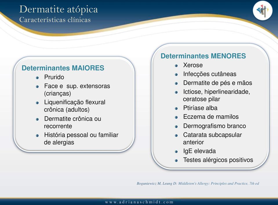 alergias Determinantes MENORES Xerose Infecções cutâneas Dermatite de pés e mãos Ictiose, hiperlinearidade, ceratose pilar Ptiríase