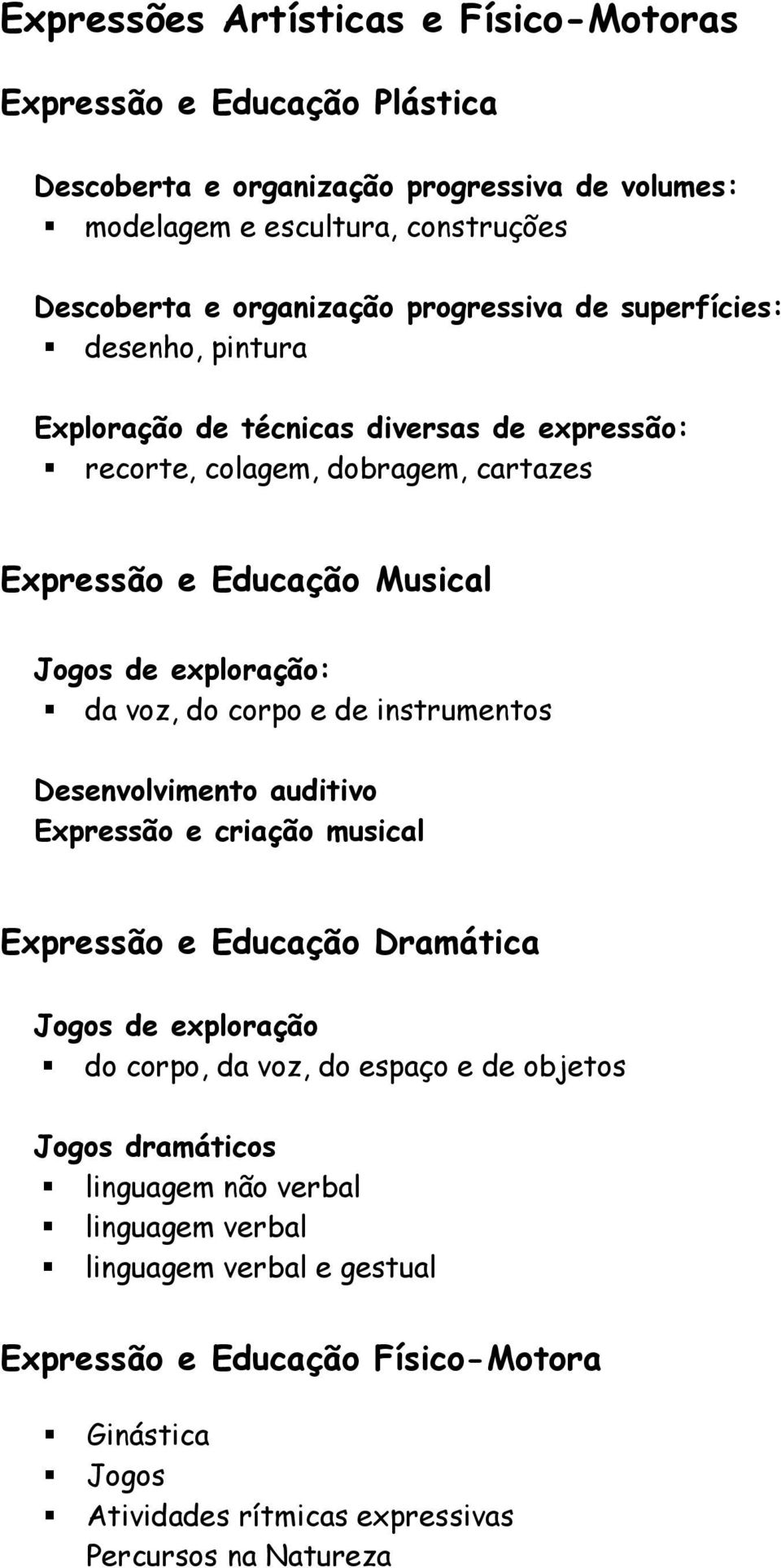 voz, do corpo e de instrumentos Desenvolvimento auditivo Expressão e criação musical Expressão e Educação Dramática Jogos de exploração do corpo, da voz, do espaço e de objetos