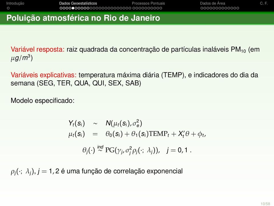 QUI, SEX, SAB) Modelo especificado: Y t (s i ) N(µ t (s i ), σ 2 e) µ t (s i ) = θ 0 (s i ) + θ 1 (s i )TEMP t + X t θ +