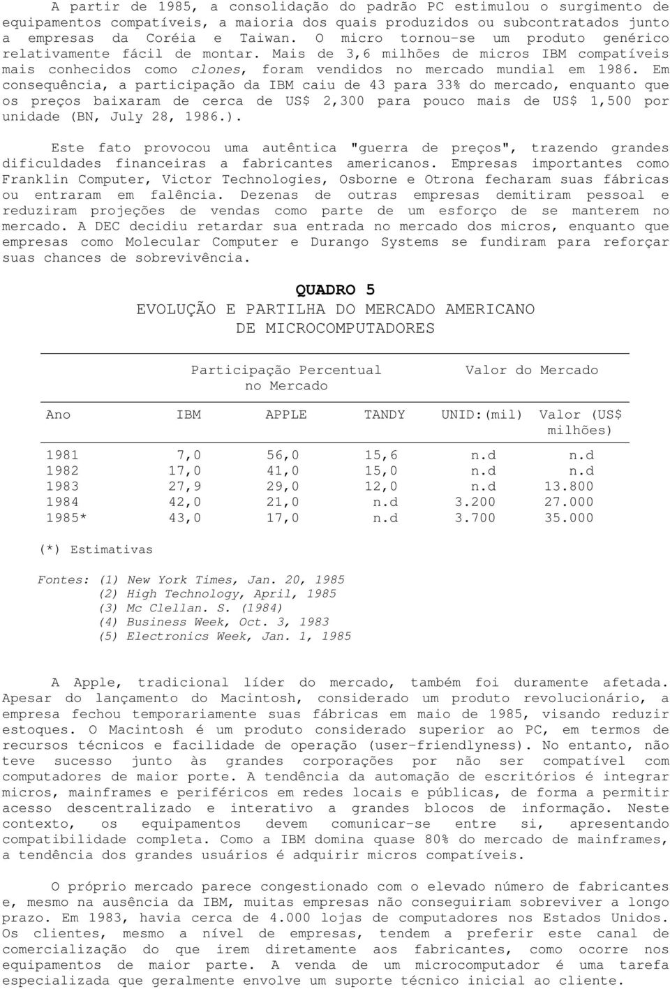 Em consequência, a participação da IBM caiu de 43 para 33% do mercado, enquanto que os preços baixaram de cerca de US$ 2,300 para pouco mais de US$ 1,500 por unidade (BN, July 28, 1986.).