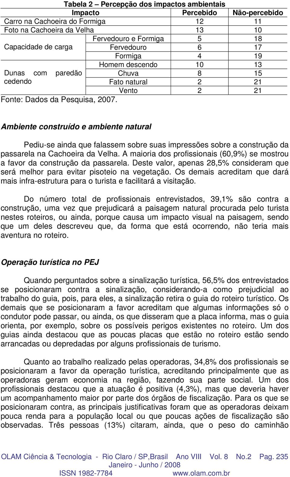 Ambiente construído e ambiente natural Pediu-se ainda que falassem sobre suas impressões sobre a construção da passarela na Cachoeira da Velha.