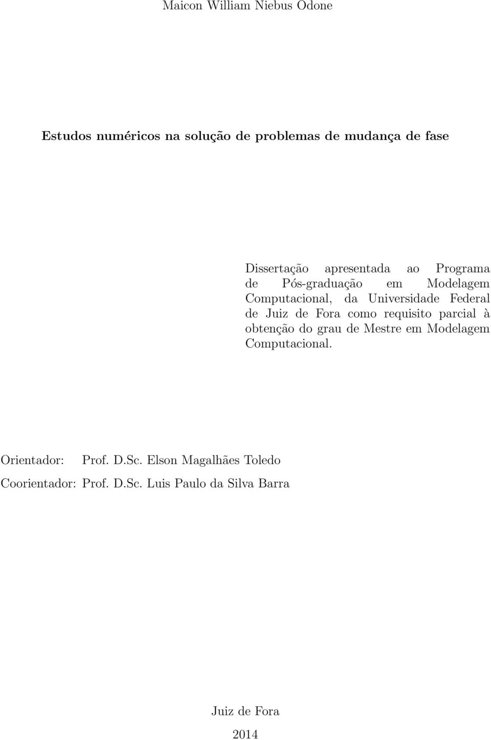 de Fora como requisito parcial à obtenção do grau de Mestre em Modelagem Computacional.