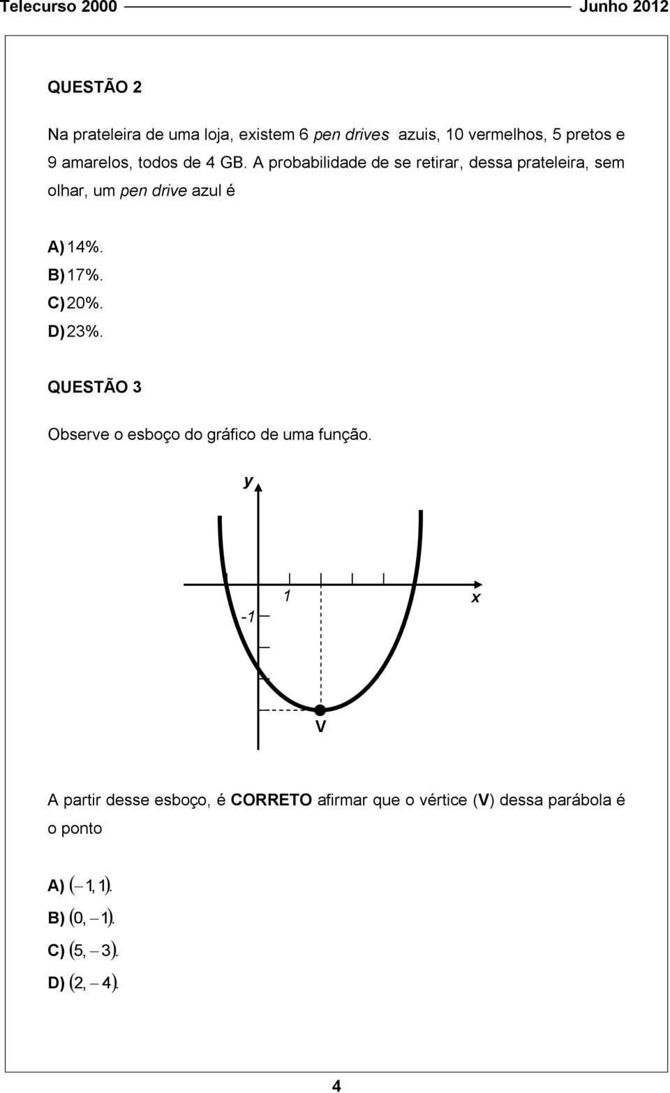 B) 17%. C) 20%. D) 23%. QUESTÃO 3 Observe o esboço do gráfico de uma função.