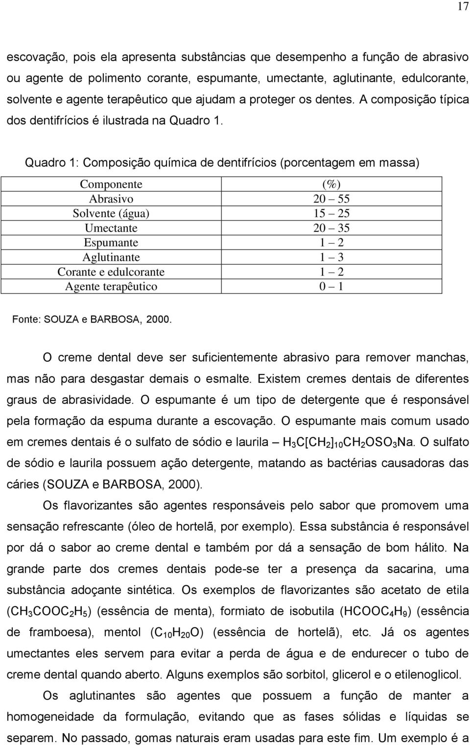 Quadro 1: Composição química de dentifrícios (porcentagem em massa) Componente (%) Abrasivo 20 55 Solvente (água) 15 25 Umectante 20 35 Espumante 1 2 Aglutinante 1 3 Corante e edulcorante 1 2 Agente