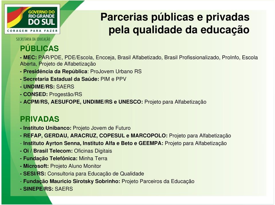 PRIVADAS - Instituto Unibanco: Projeto Jovem de Futuro - REFAP, GERDAU, ARACRUZ, COPESUL e MARCOPOLO: Projeto para Alfabetização - Instituto Ayrton Senna, Instituto Alfa e Beto e GEEMPA: Projeto para