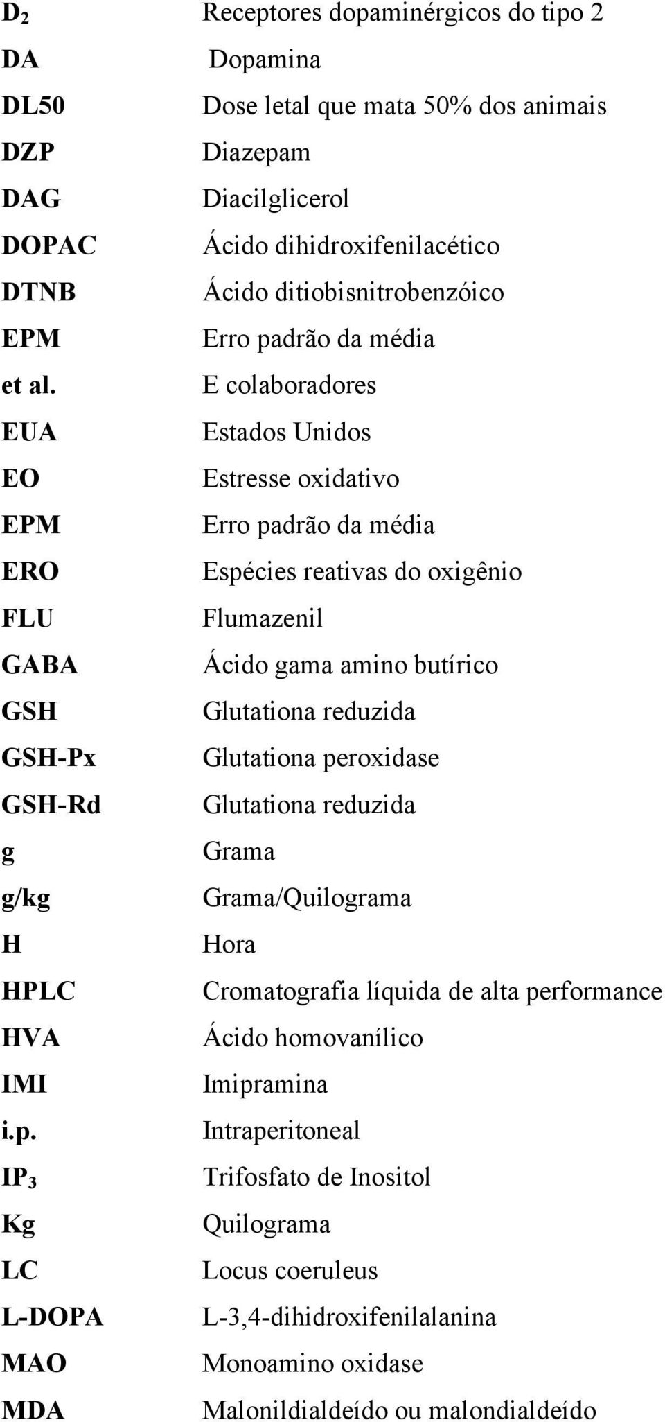 E colaboradores EUA Estados Unidos EO Estresse oxidativo EPM Erro padrão da média ERO Espécies reativas do oxigênio FLU Flumazenil GABA Ácido gama amino butírico GSH Glutationa reduzida