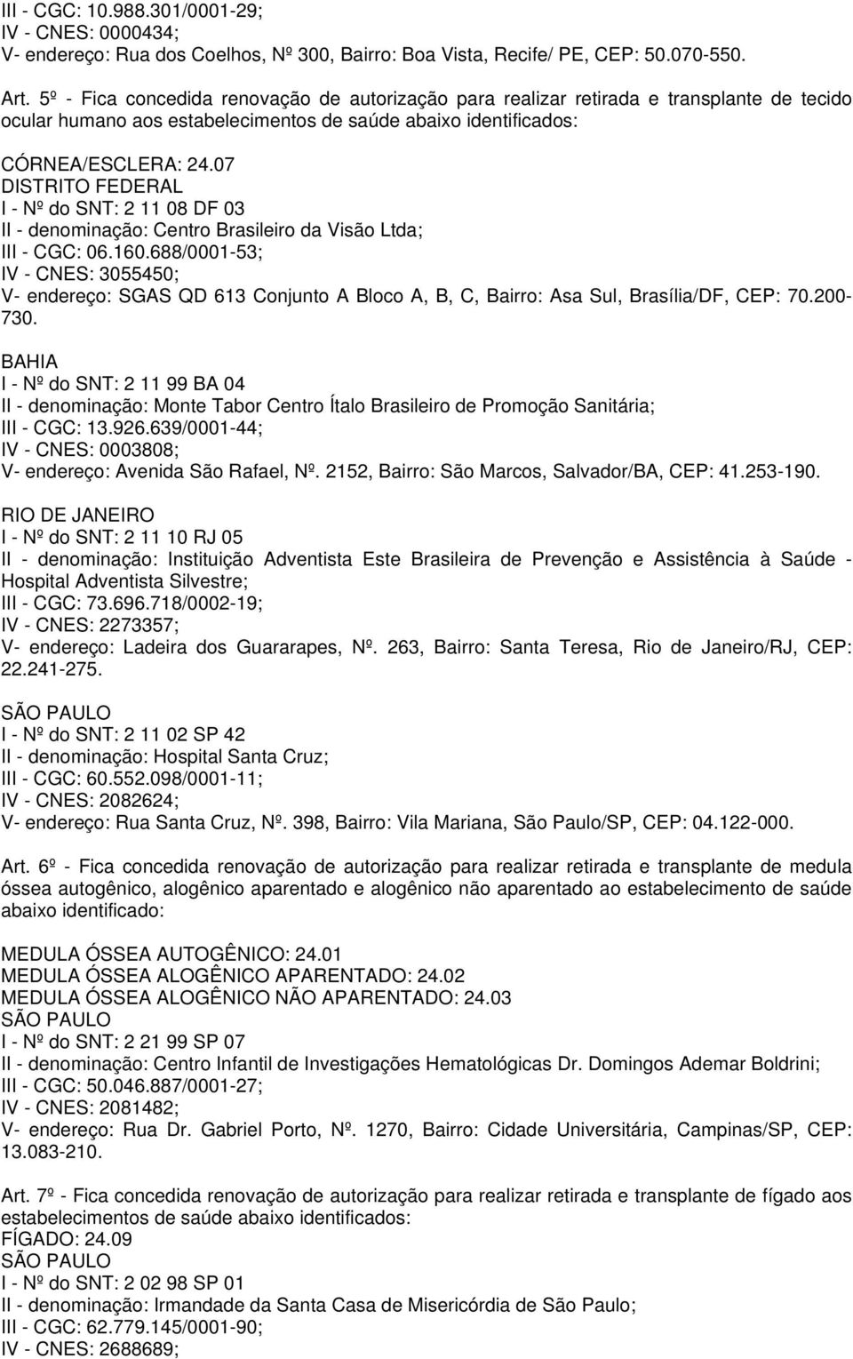 DF 03 II - denominação: Centro Brasileiro da Visão Ltda; III - CGC: 06.160.688/0001-53; IV - CNES: 3055450; V- endereço: SGAS QD 613 Conjunto A Bloco A, B, C, Bairro: Asa Sul, Brasília/DF, CEP: 70.