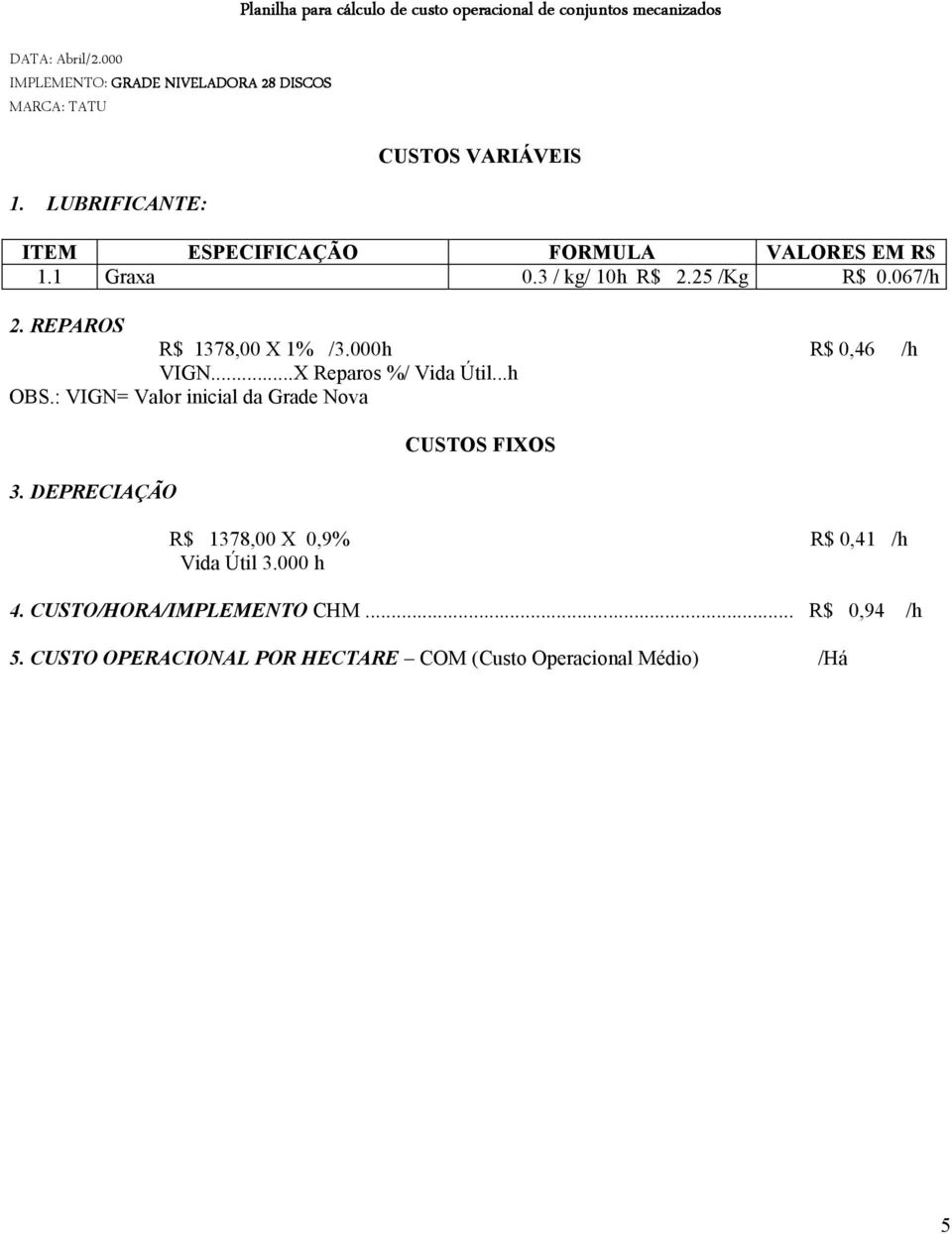 000h R$ 0,46 /h VIGN...X Reparos %/ Vida Útil...h OBS.: VIGN= Valor inicial da Grade Nova 3.