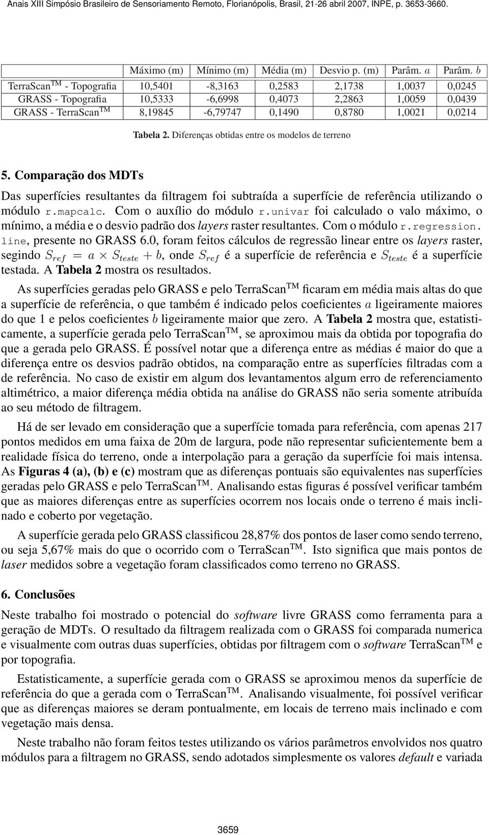 Tabela 2. Diferenças obtidas entre os modelos de terreno 5. Comparação dos MDTs Das superfícies resultantes da filtragem foi subtraída a superfície de referência utilizando o módulo r.mapcalc.