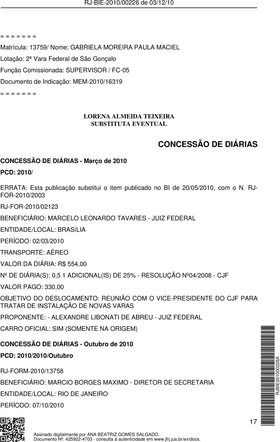 RJ- FOR-2010/2003 RJ-FOR-2010/02123 BENEFICIÁRIO: MARCELO LEONARDO TAVARES - JUIZ FEDERAL ENTIDADE/LOCAL: BRASíLIA PERÍODO: 02/03/2010 TRANSPORTE: AÉREO VALOR DA DIÁRIA: R$ 554,00 Nº DE DIÁRIA(S):