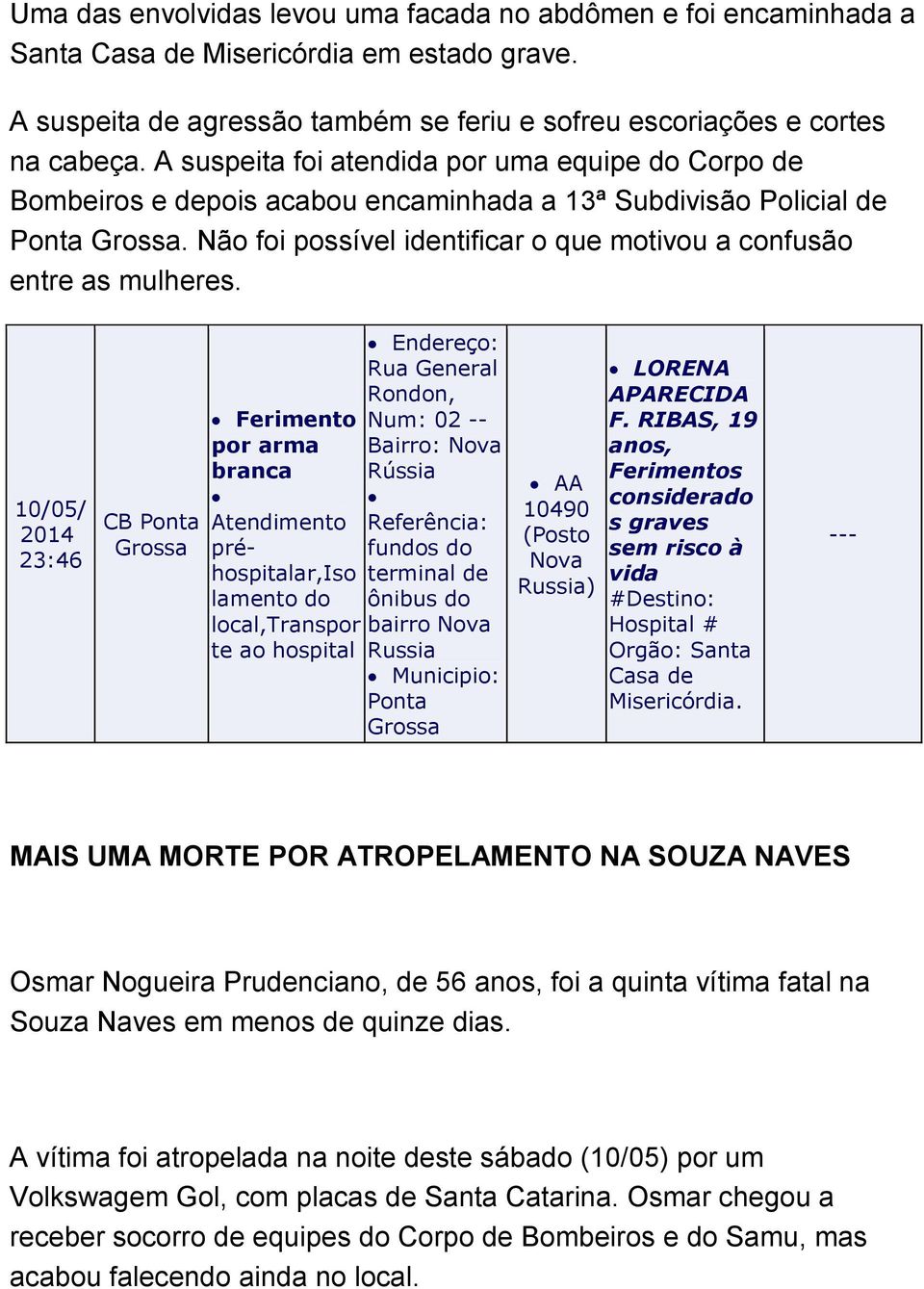 10/05/ 23:46 CB Endereço: Rua General Rondon, Ferimento Num: 02 -- por arma Bairro: Nova branca Rússia préar,iso terminal de fundos do lamento do ônibus do local,transpor bairro Nova te ao Russia