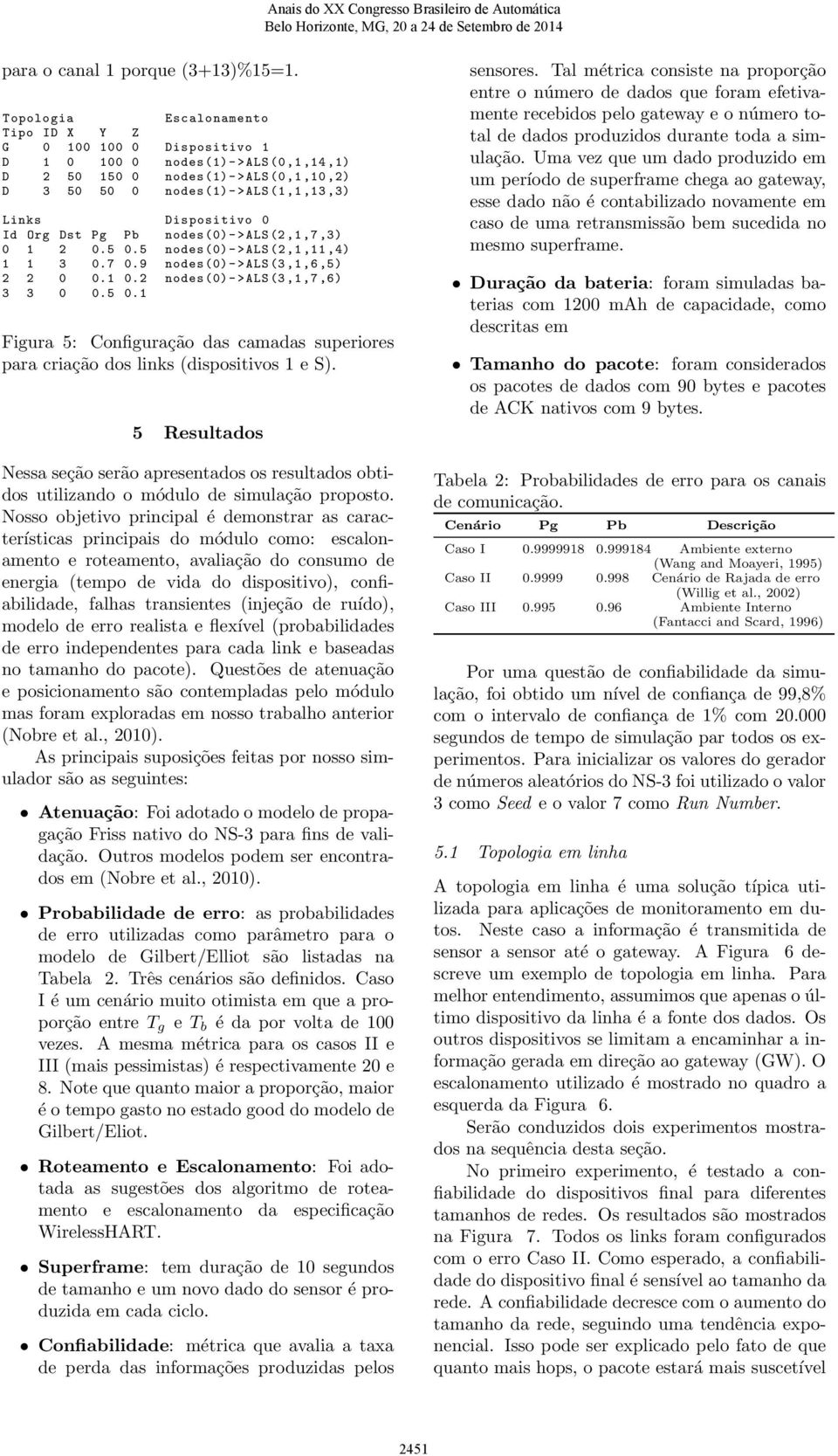 Dispositivo 0 Id Org Dst Pg Pb nodes (0) - > ALS (2,1,7,3) 0 1 2 0.5 0.5 nodes (0) - > ALS (2,1,11,4) 1 1 3 0.7 0.9 nodes (0) - > ALS (3,1,6,5) 2 2 0 0.1 0.2 nodes (0) - > ALS (3,1,7,6) 3 3 0 0.5 0.1 Figura 5: Configuração das camadas superiores para criação dos links (dispositivos 1 e S).