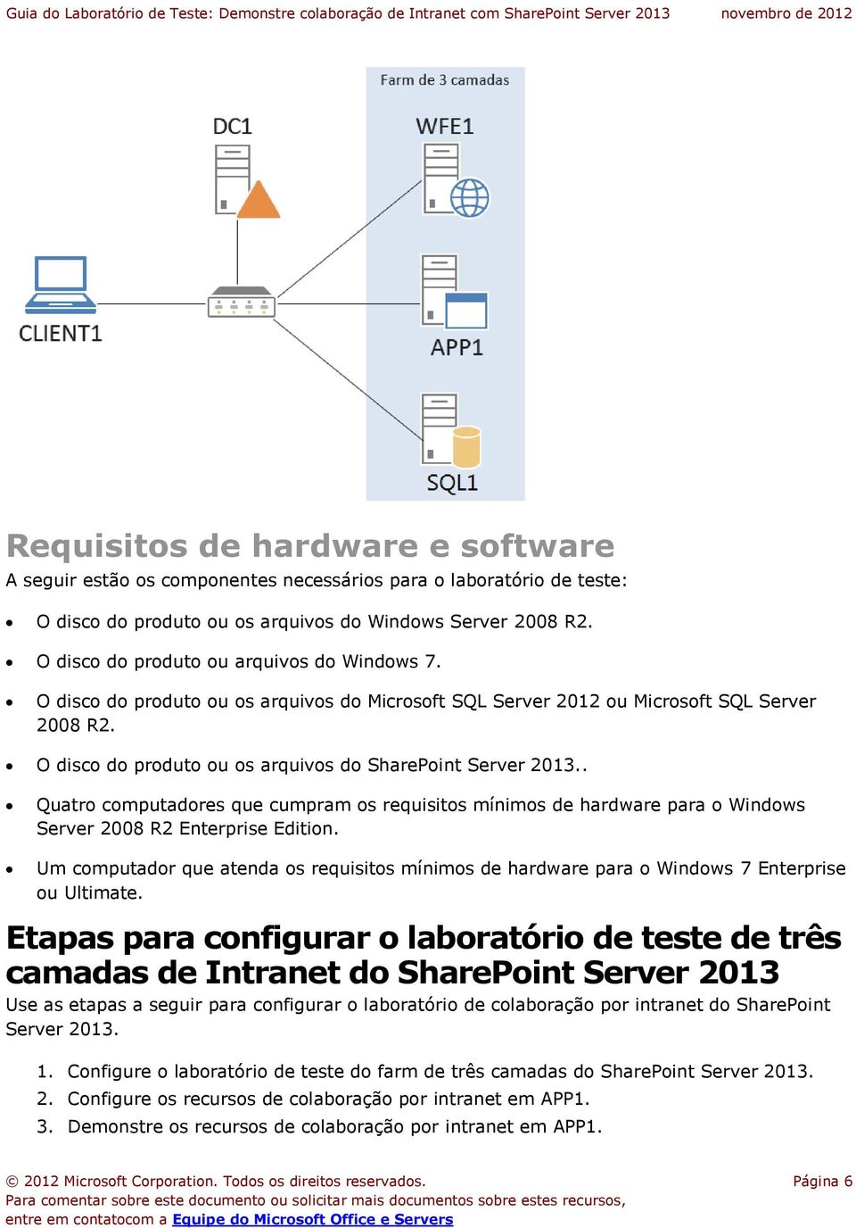 O disco do produto ou os arquivos do SharePoint Server 2013.. Quatro computadores que cumpram os requisitos mínimos de hardware para o Windows Server 2008 R2 Enterprise Edition.