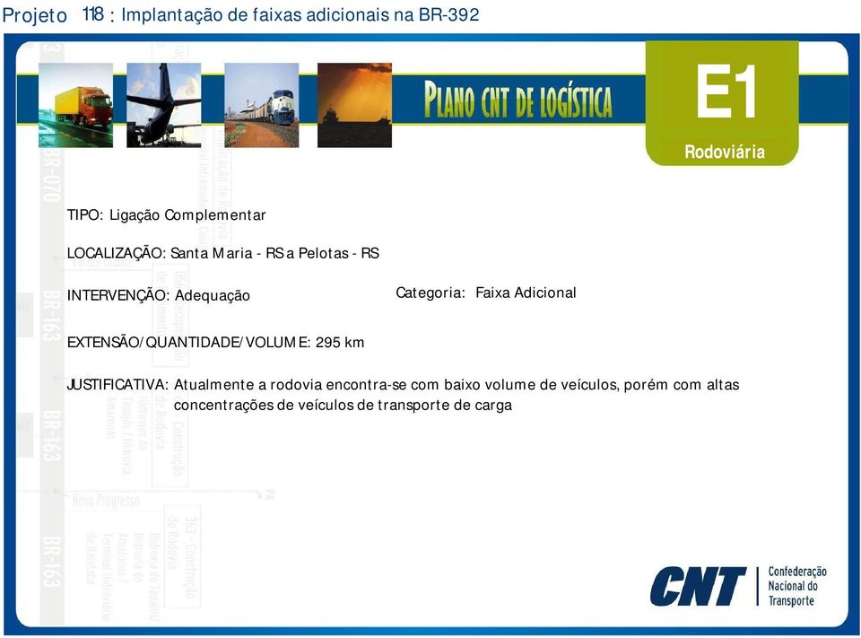 EXTENSÃO/QUANTIDADE/VOLUME: 295 km JUSTIFICATIVA: Atualmente a rodovia