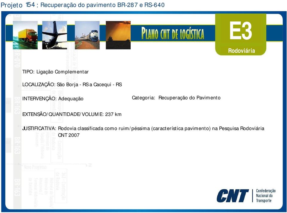 Pavimento EXTENSÃO/QUANTIDADE/VOLUME: 237 km JUSTIFICATIVA: Rodovia