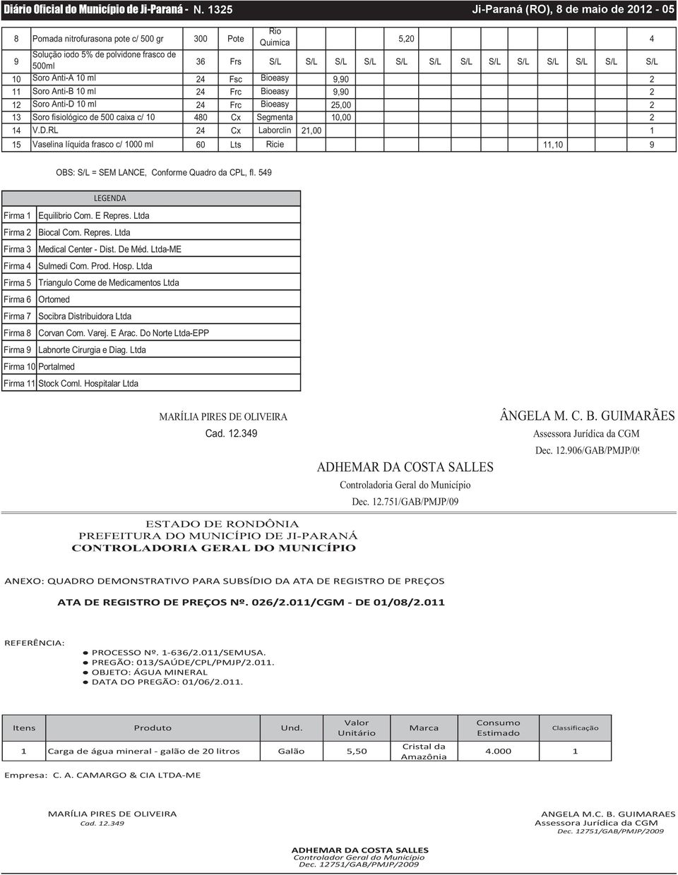 fisiológico de 500 caixa c/ 10 80 Cx Segmenta 10,00 2 1 VDRL 2 Cx Laborclin 21,00 1 15 Vaselina líquida frasco c/ 1000 ml 60 Lts Ricie 11,10 9 OBS: S/L = SEM LANCE, Conforme Quadro da CPL, fl 59 "'"(