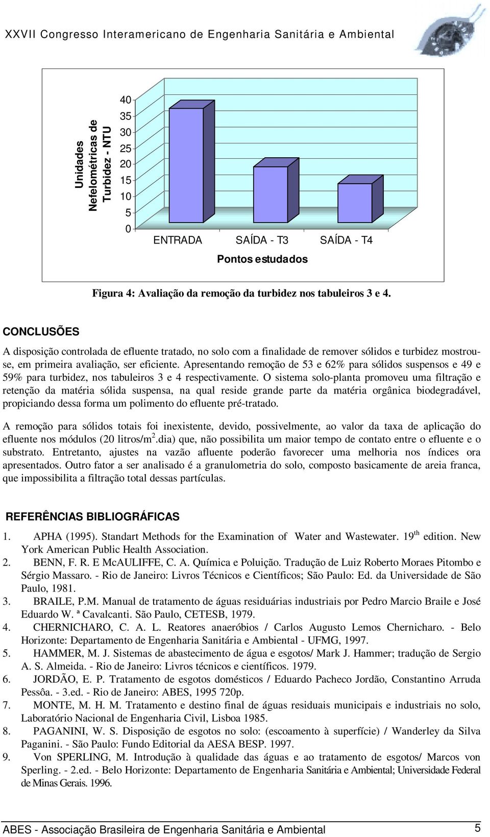 Apresentando remoção de 3 e 62% para sólidos suspensos e 49 e 9% para turbidez, nos tabuleiros 3 e 4 respectivamente.