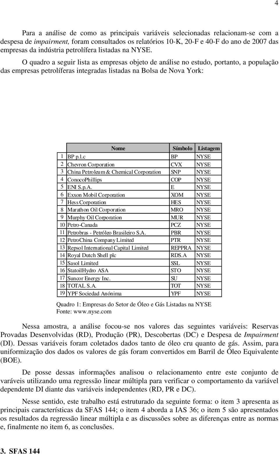 O quadro a seguir lista as empresas objeto de análise no estudo, portanto, a população das empresas petrolíferas integradas listadas na Bolsa de Nova York: Nome Símbolo Listagem 1 BP p.l.c BP NYSE 2 Chevron Corporation CVX NYSE 3 China Petroleum & Chemical Corporation SNP NYSE 4 ConocoPhillips COP NYSE 5 ENI S.