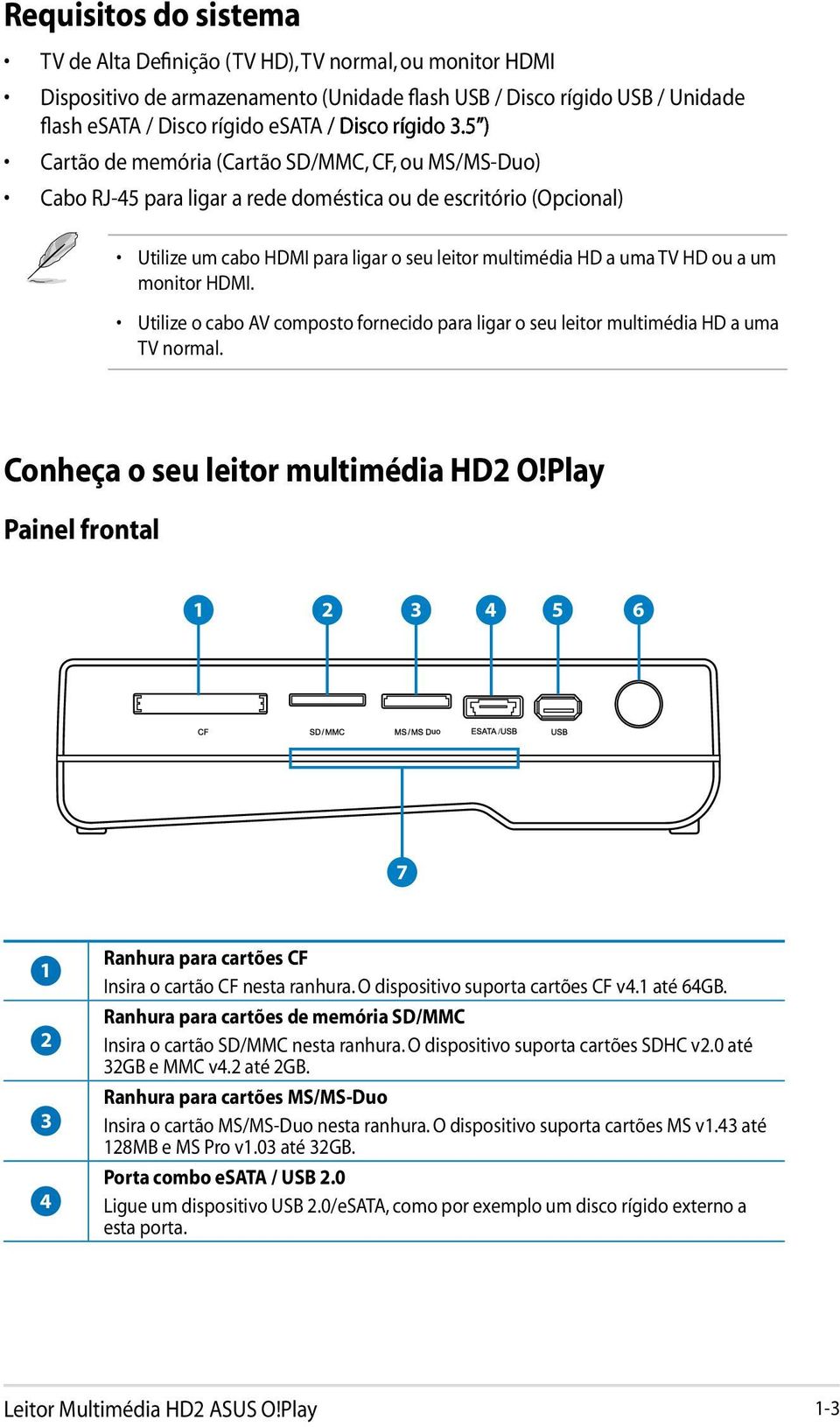 5 ) Cartão de memória (Cartão SD/MMC, CF, ou MS/MS-Duo) Cabo RJ-45 para ligar a rede doméstica ou de escritório (Opcional) Utilize um cabo HDMI para ligar o seu leitor multimédia HD a uma TV HD ou a