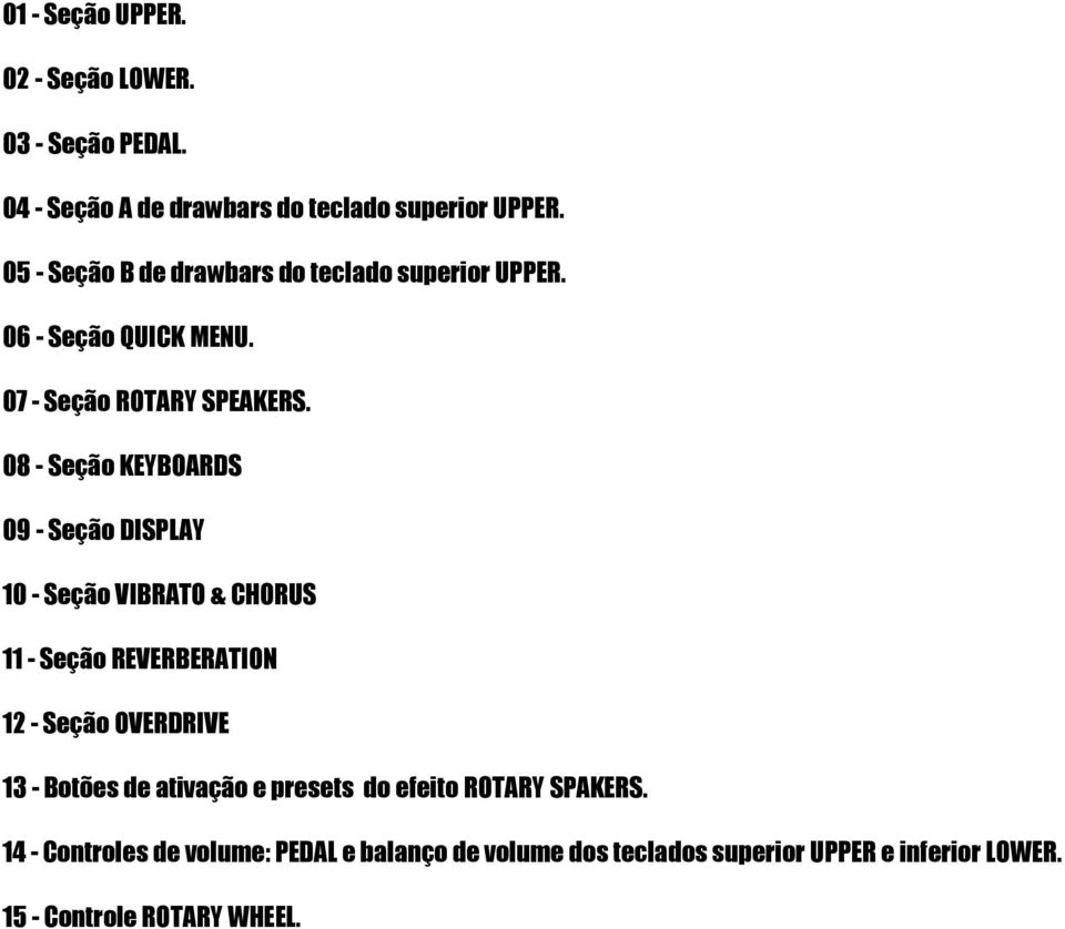 08 - Seção KEYBOARDS 09 - Seção DISPLAY 10 - Seção VIBRATO & CHORUS 11 - Seção REVERBERATION 12 - Seção OVERDRIVE 13 - Botões